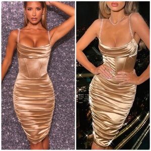 Oh Polly Embellish The Moment Ruched Satin Metallic Knee Length Dress in Gold